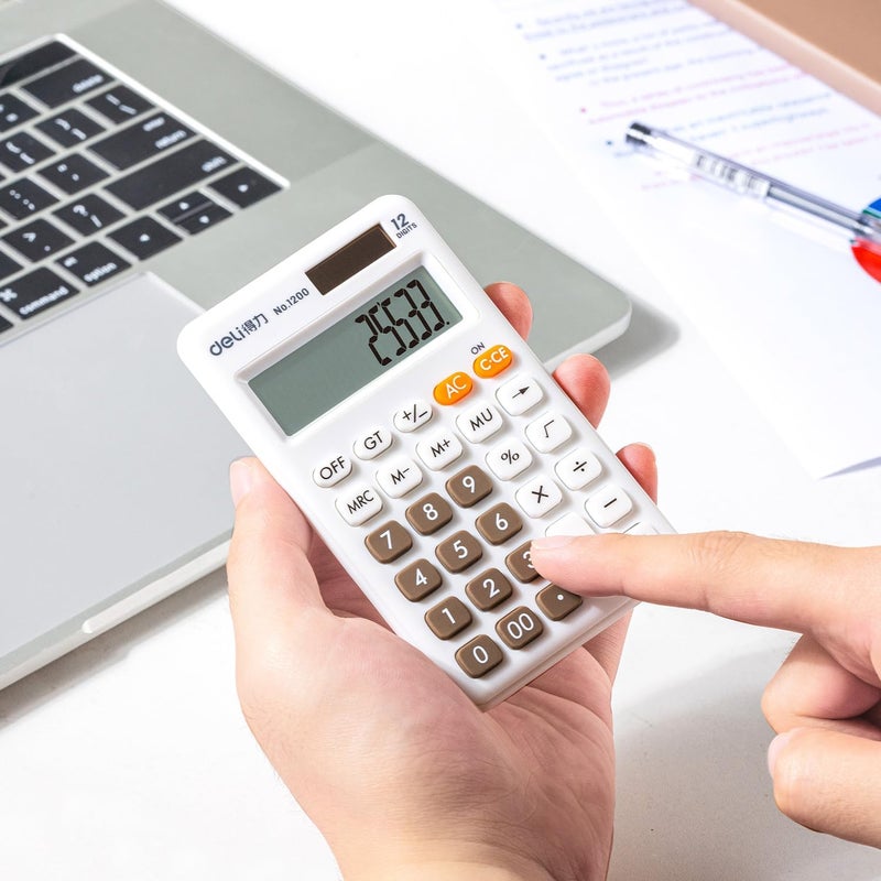 Deli Standard Function Basic Calculator, 12 Digit Desktop Calculator with Large LCD Display, Solar Battery Dual Power Office Calculators, White - Image 2